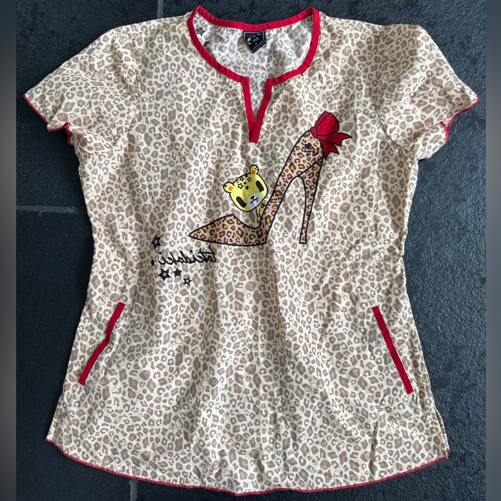 Koi Leopard Print Scrub Top with Red Trim
